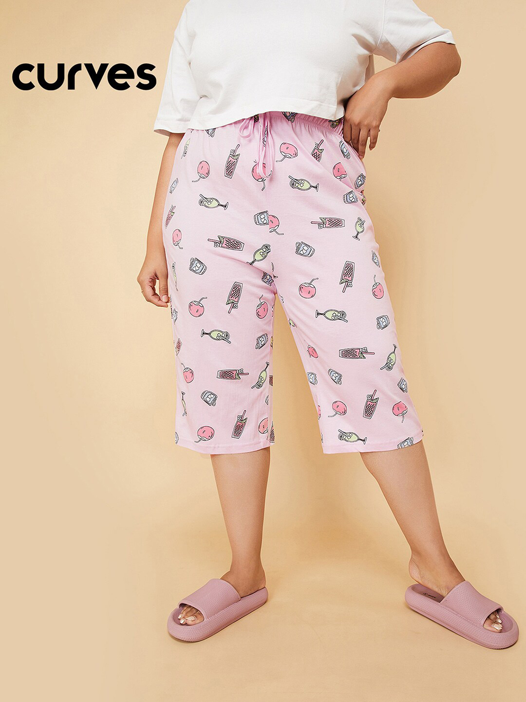 

max Plus Size Women Mid-Rise Printed Pure Cotton Capris, Pink