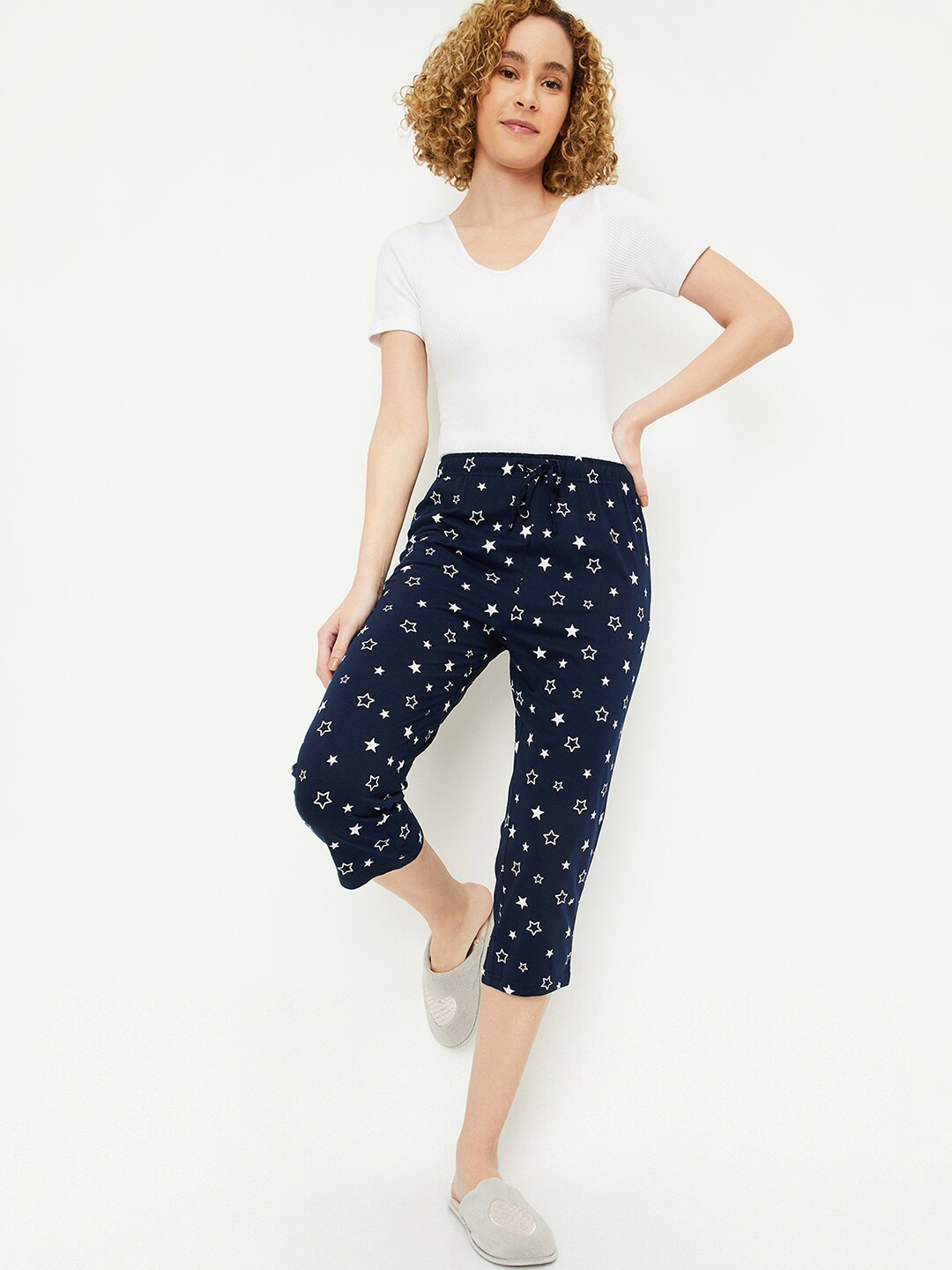 

max Women Mid-Rise Printed Pure Cotton Capris, Navy blue