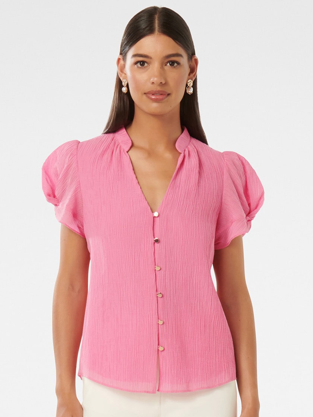 

Forever New Mandarin Collar Puff Sleeve Shirt Style Top, Pink