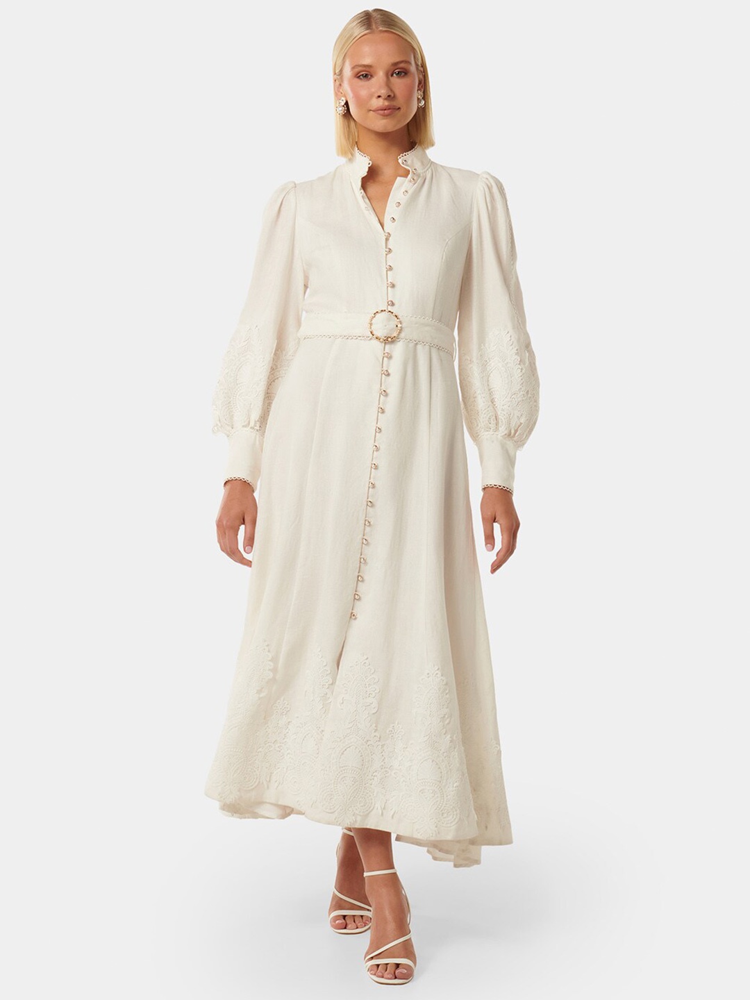 

Forever New Cuffed Sleeves Linen A-Line Maxi Dress, White