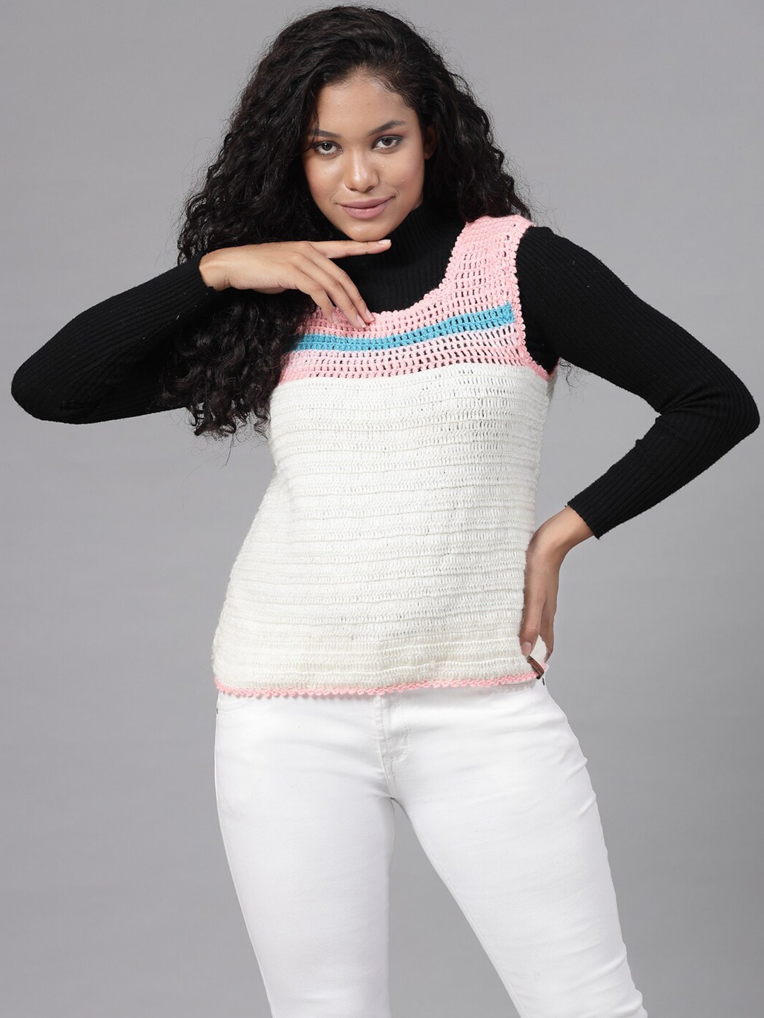 

Velvery Open Knit Self Design Sweater Vest, White