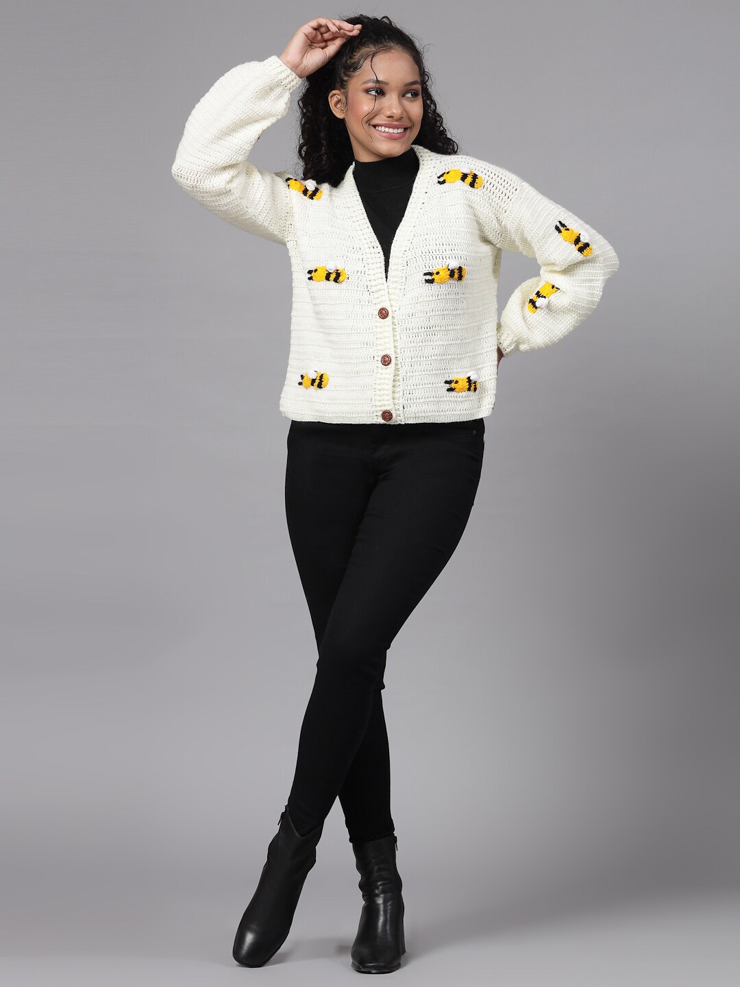 

Velvery Quirky Self Design Acrylic Cardigan, White