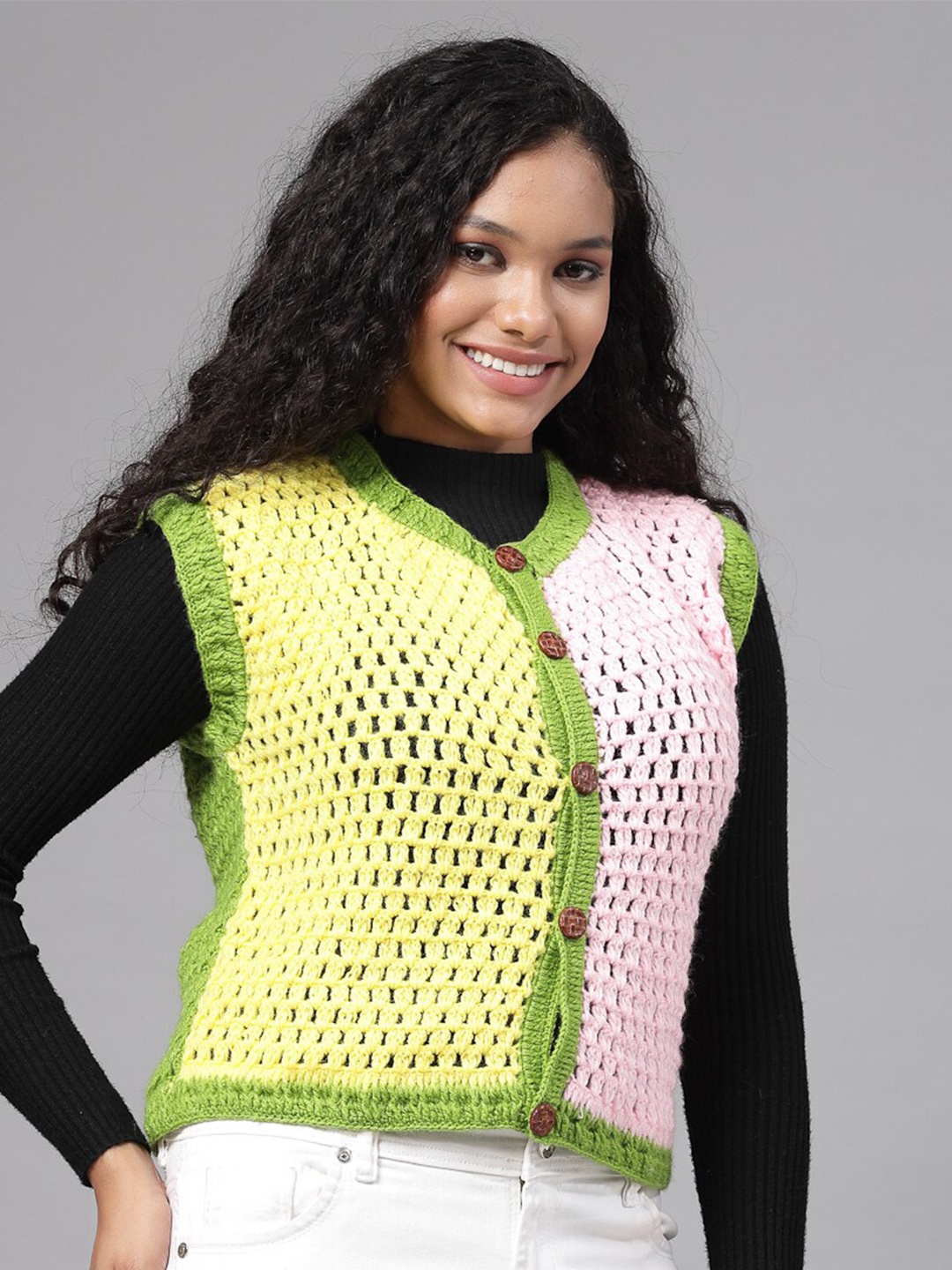 

Velvery Open Knit Self Design Acrylic Cardigan, Olive