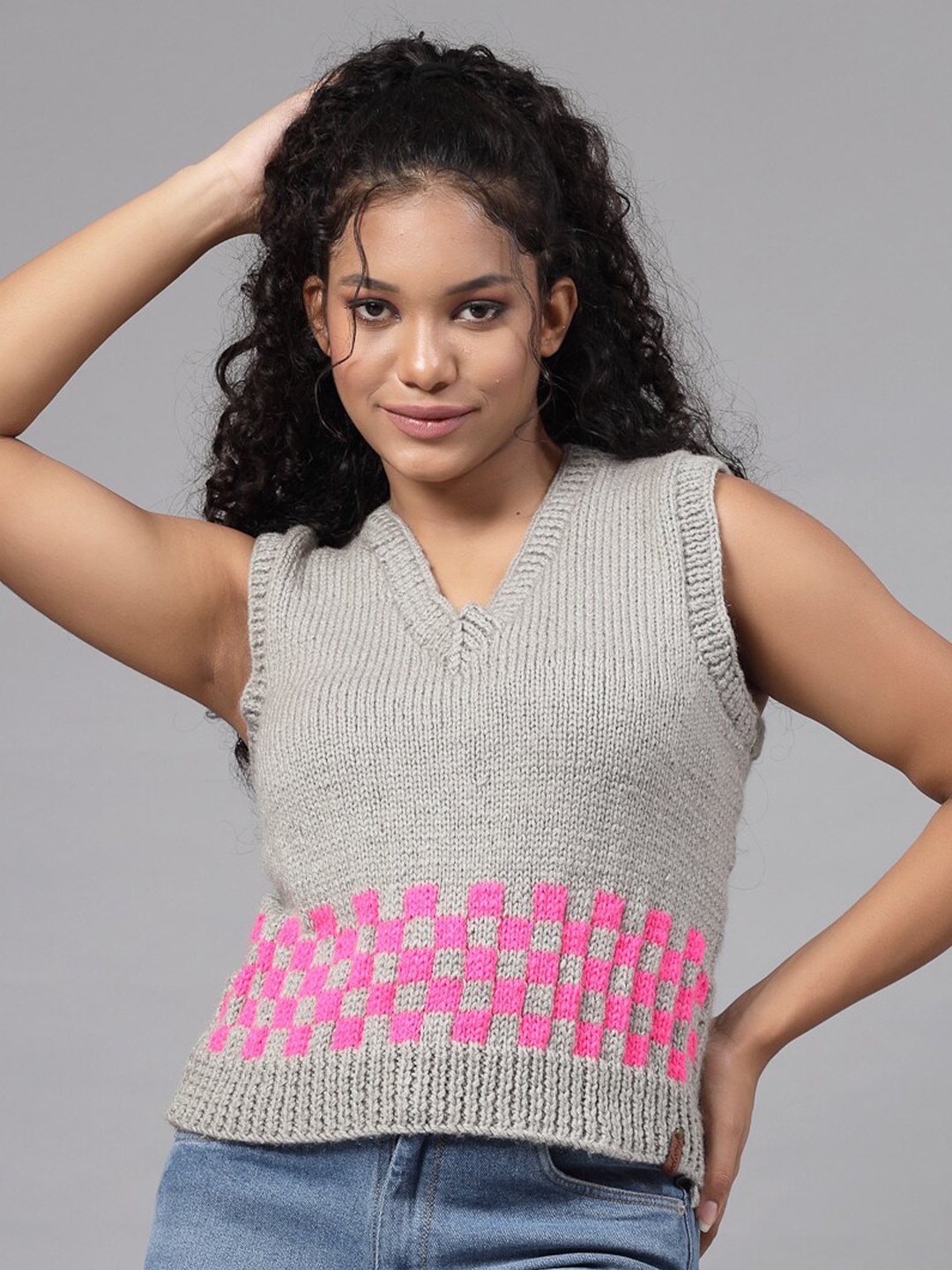

Velvery Open Knit Self Design V Neck Acrylic Sweater Vest, Grey