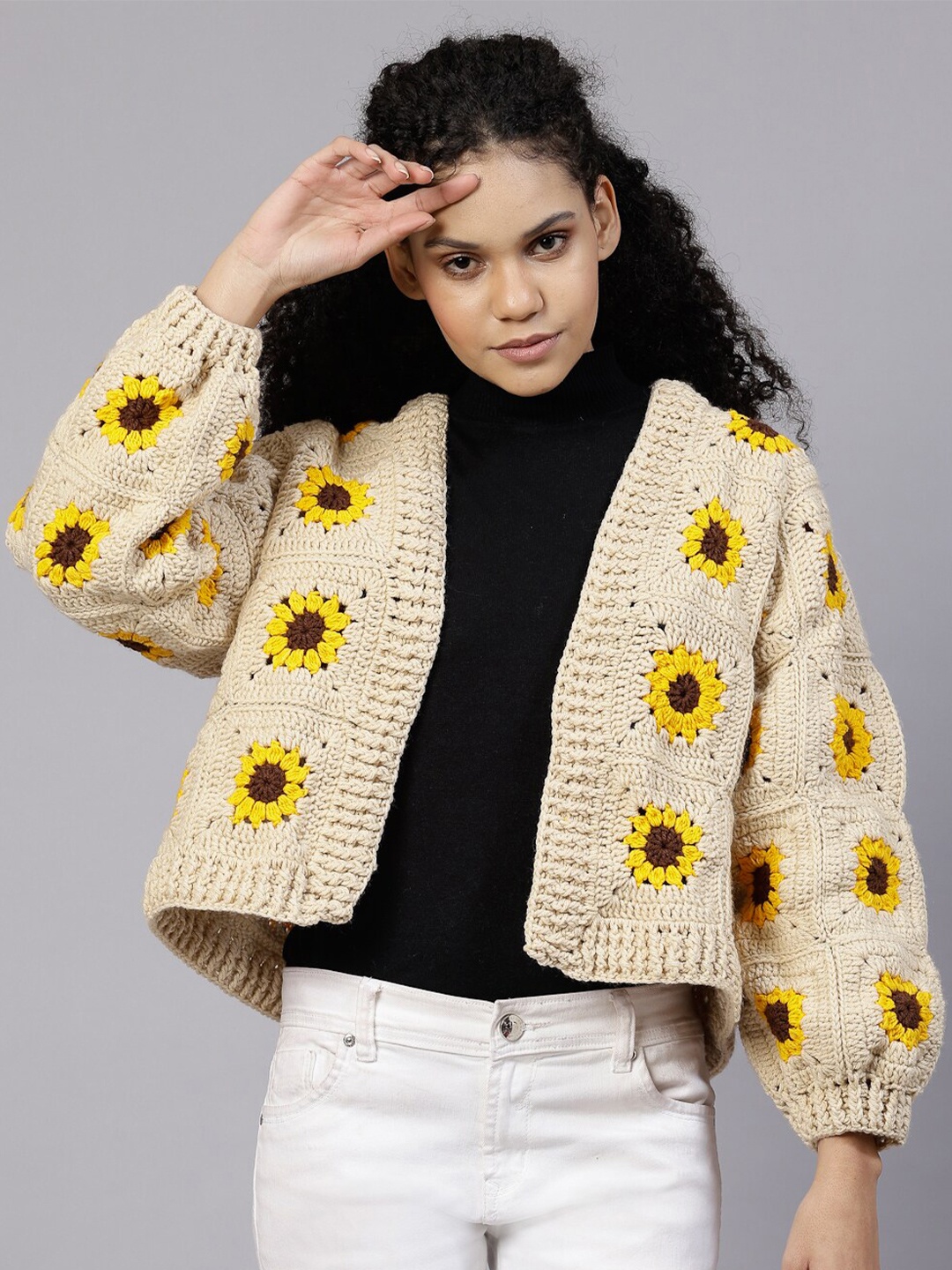 

Velvery Floral Self Design Front-Open Sweater, Beige