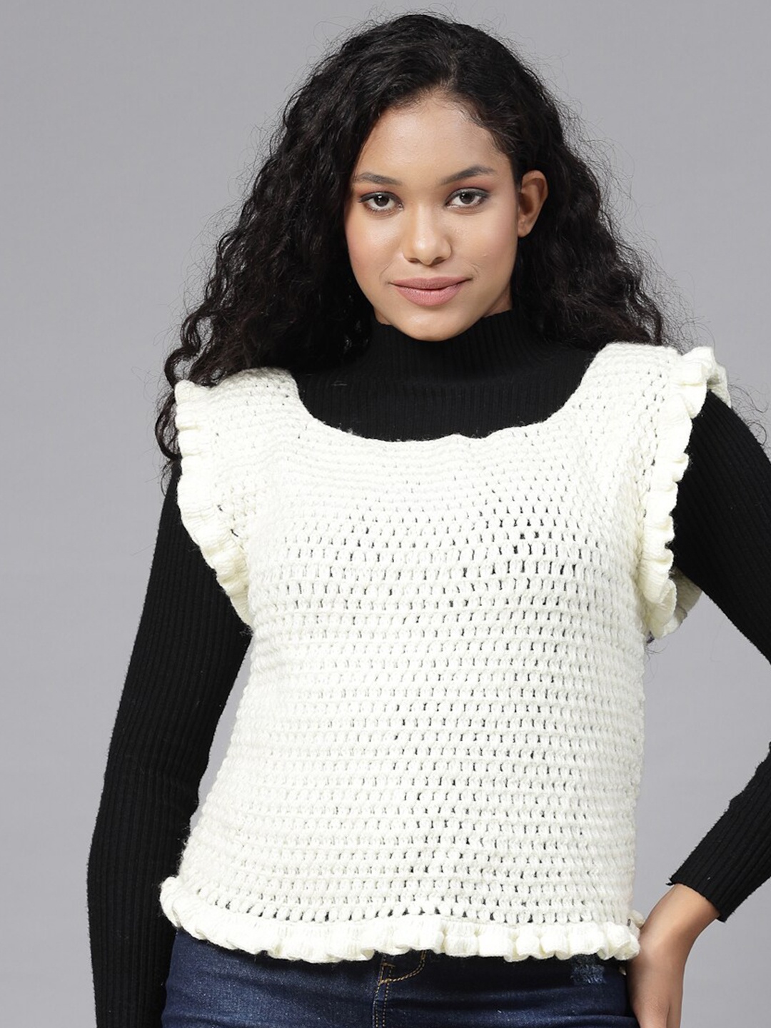 

Velvery Open Knit Self Design Sweater Vest, White
