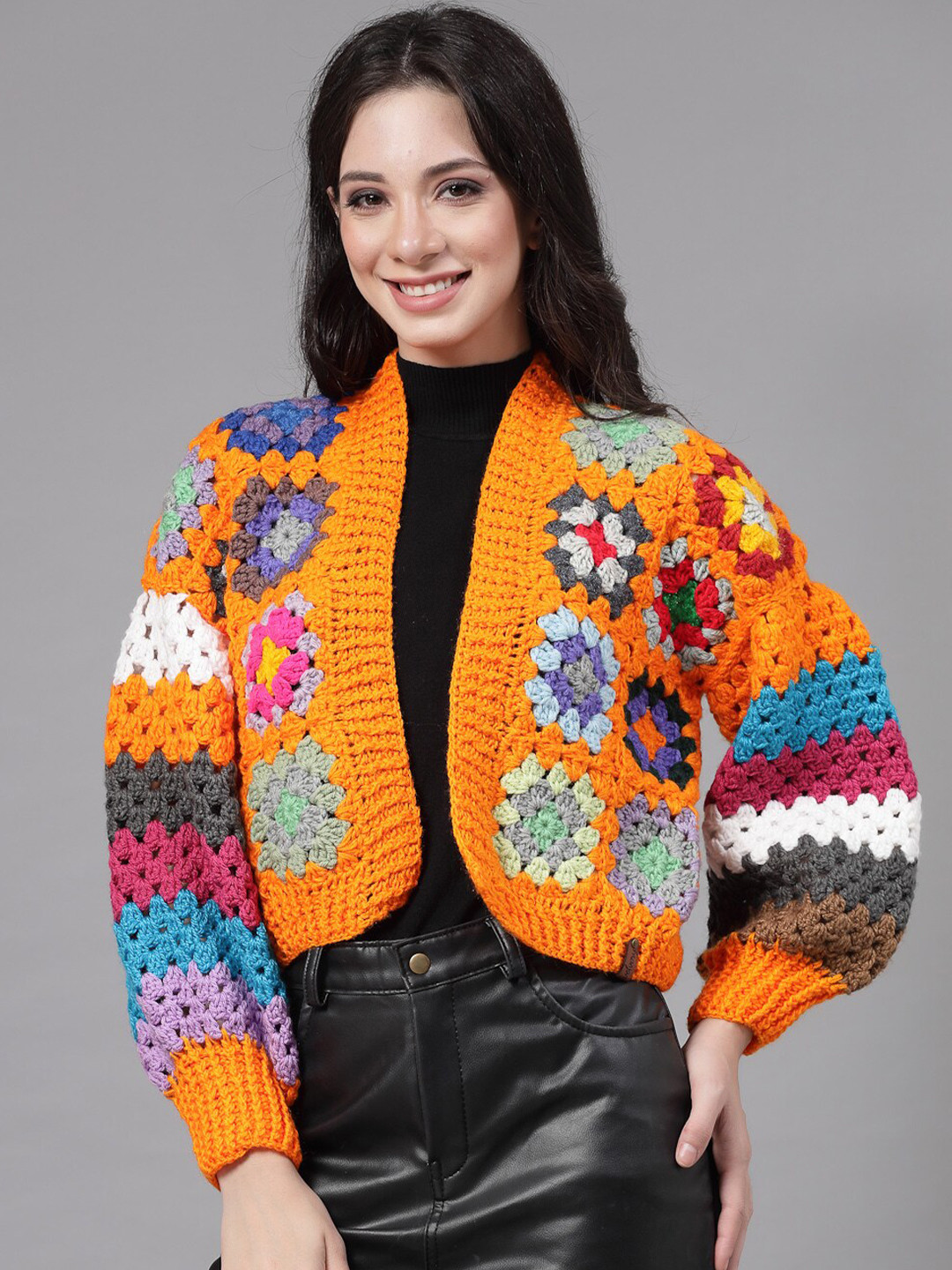 

Velvery Ethnic Motifs Self Design Crop Acrylic Front Open, Orange