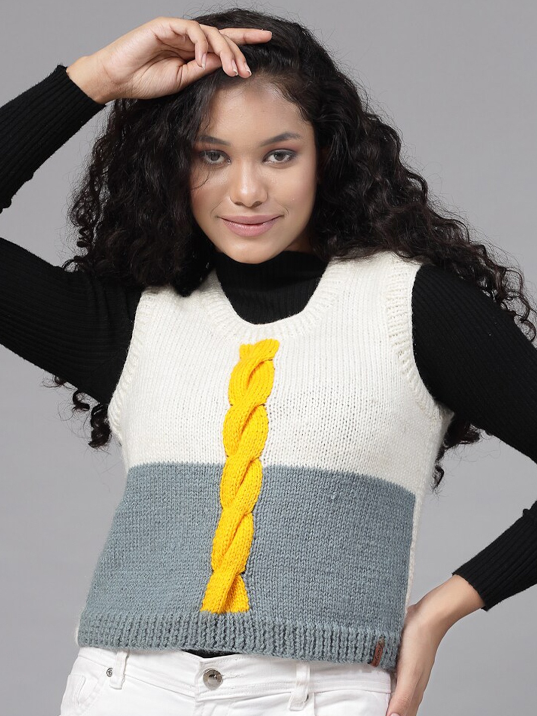 

Velvery Cable Knit Self Design Sweater Vest, White