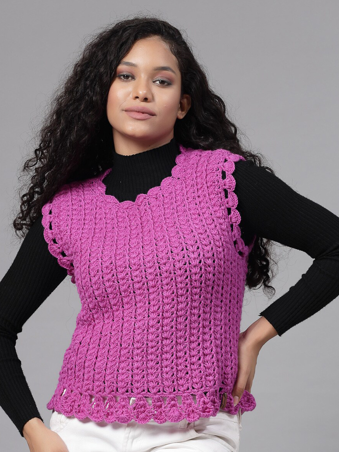 

Velvery Open Knit Self Design Round Neck Acrylic Sweater Vest, Purple