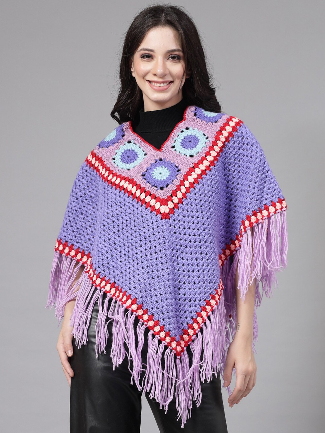 

Velvery Acrylic Poncho With Fringed Detail, Purple