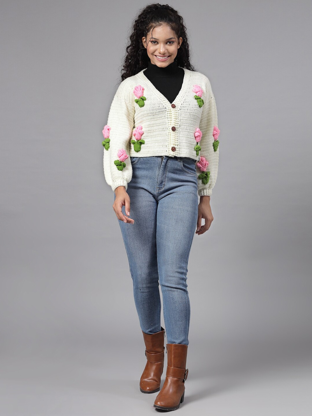 

Velvery Open Knit Self Design V Neck Acrylic Cardigan, White