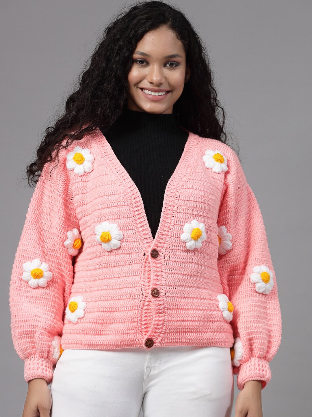 

Velvery Floral Self Design Cardigan, Peach