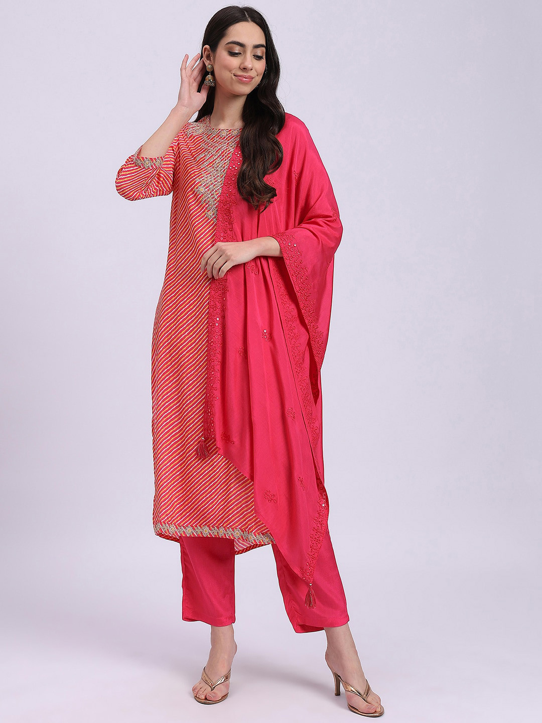 

Knitstudio Embroidered Regular Zardozi Kurta with Trousers & Dupatta, Magenta
