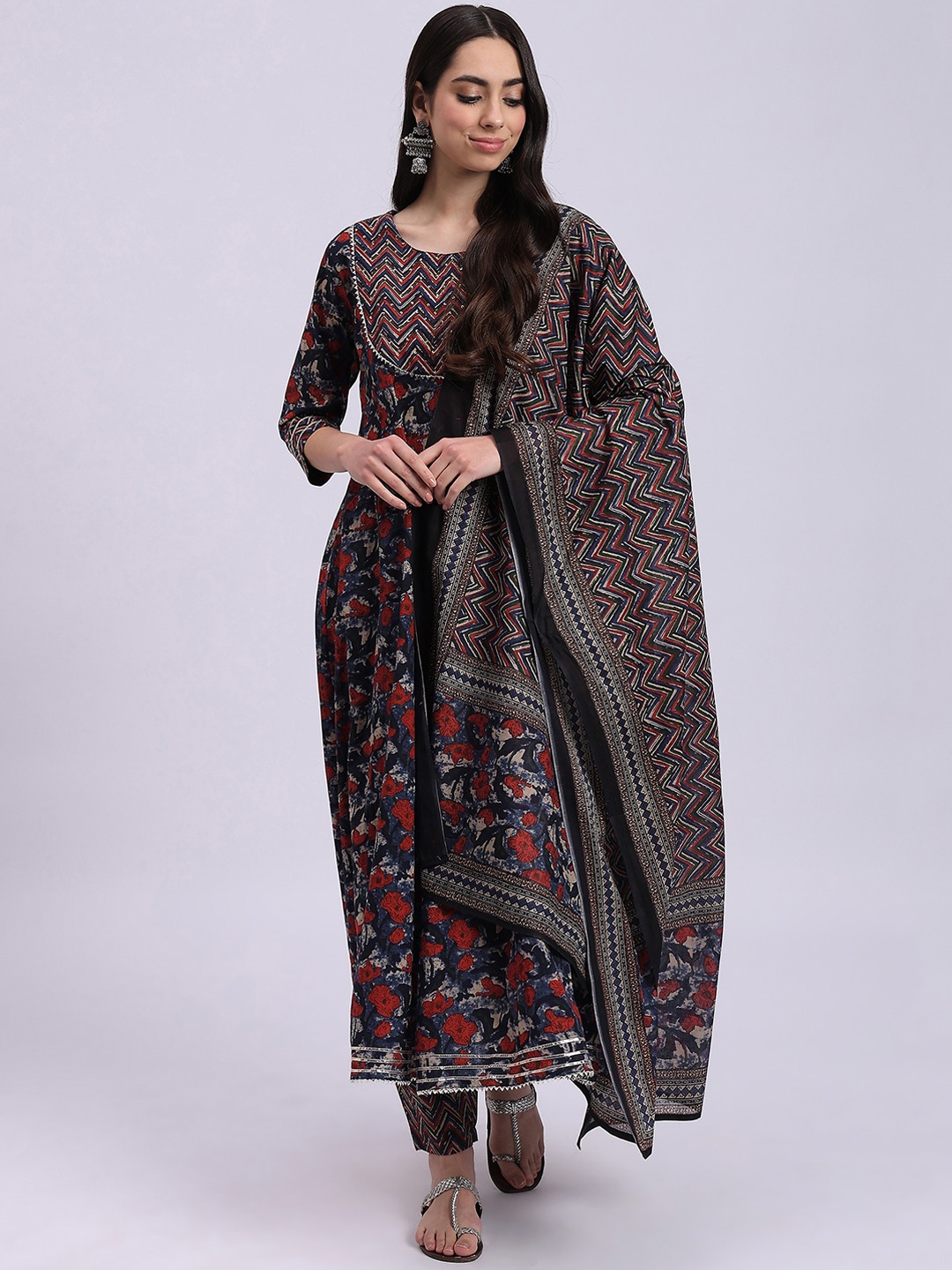 

Knitstudio Floral Printed Regular Kurta with Trousers & Dupatta, Blue