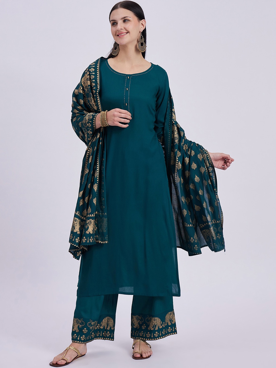 

Knitstudio Regular Kurta with Trousers & Dupatta, Teal