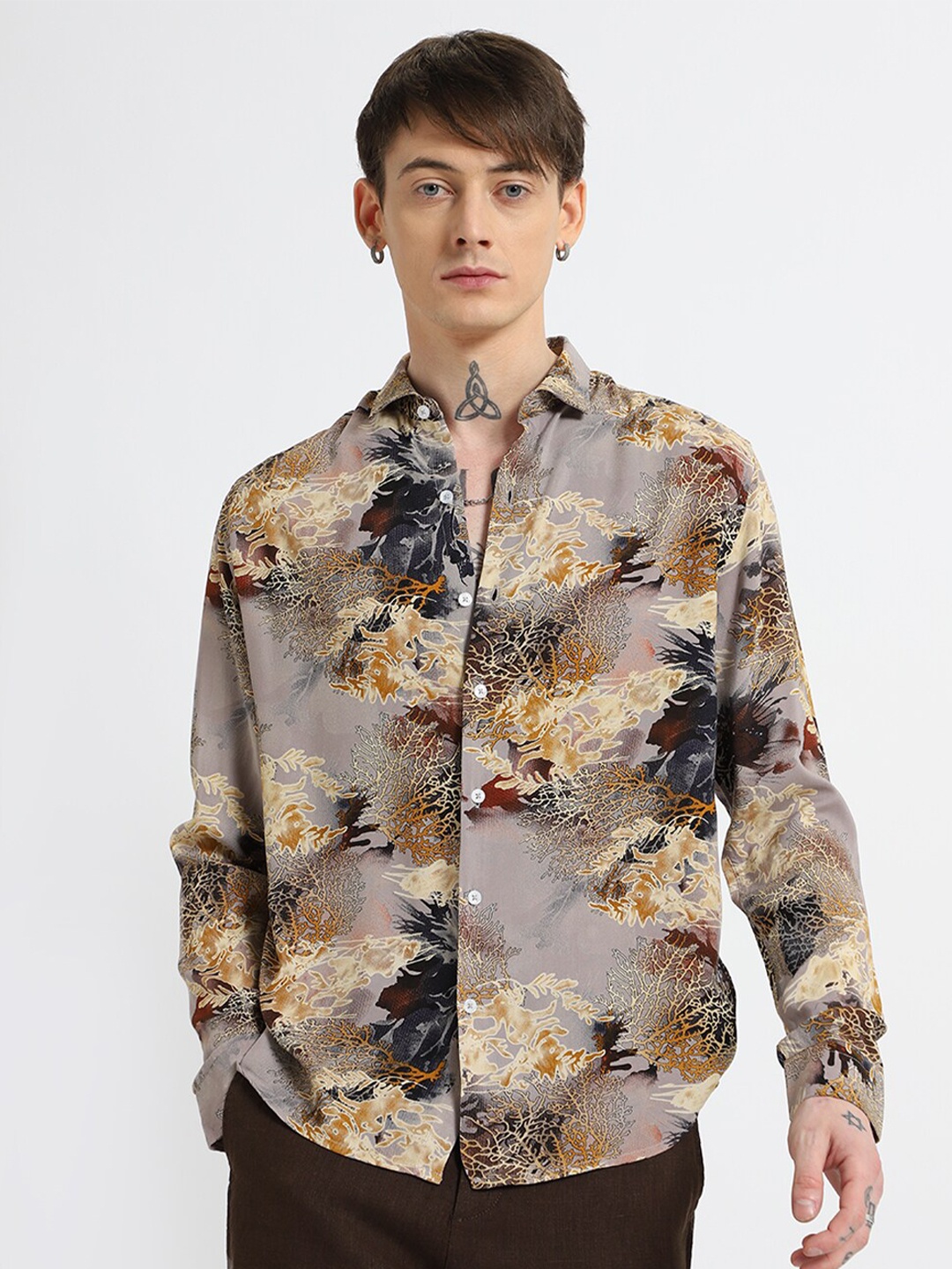 

Banana Club Men Classic Tropical Opaque Printed Casual Shirt, Tan