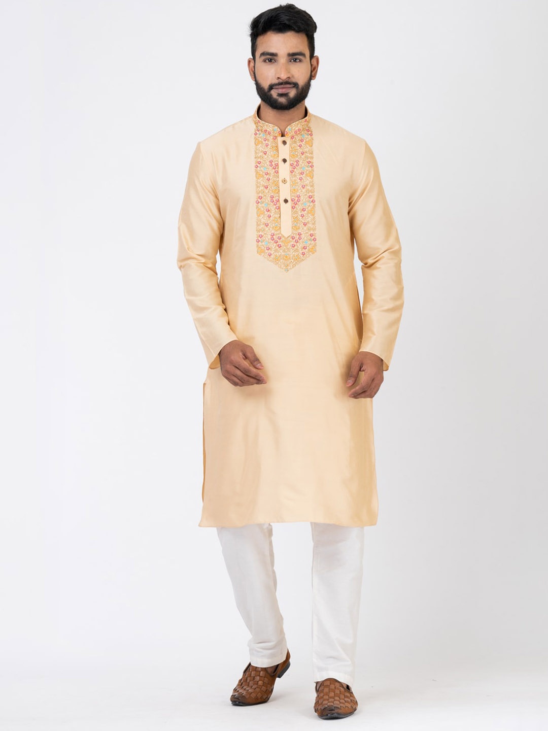 

HU - Handcrafted Uniquely Men Yoke Design Thread Work Handloom Kurta, Beige