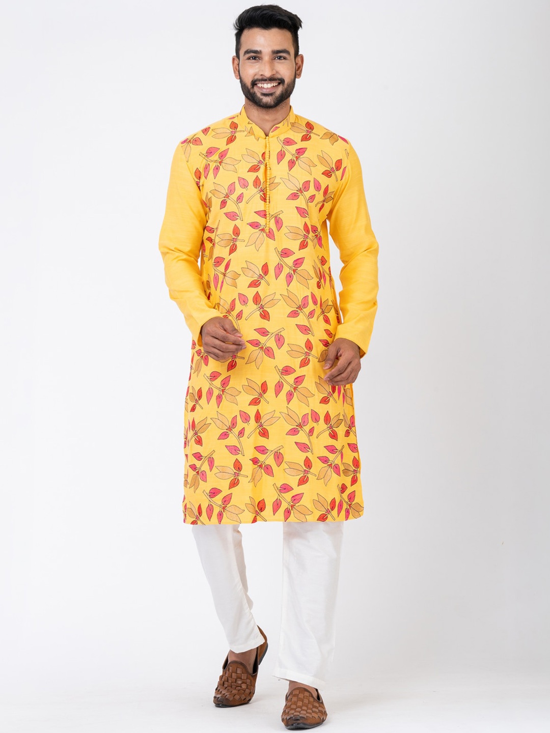 

HU - Handcrafted Uniquely Men Floral Printed Chikankari Kurta, Yellow