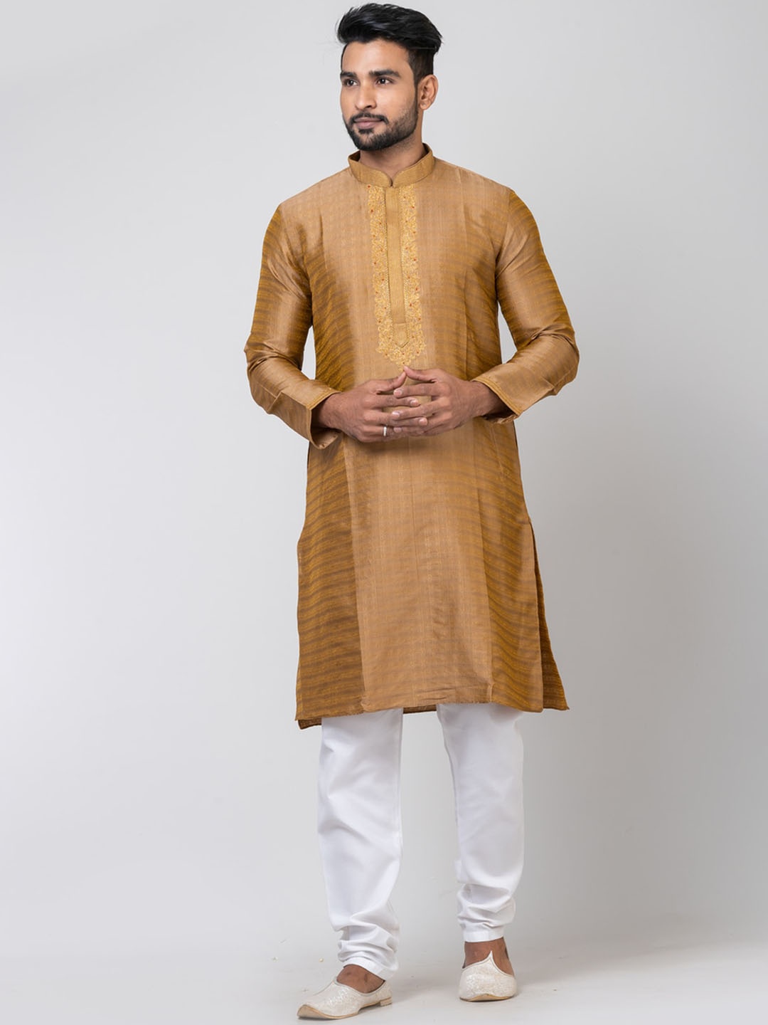 

HU - Handcrafted Uniquely Men Thread Work Handloom Kurta, Khaki