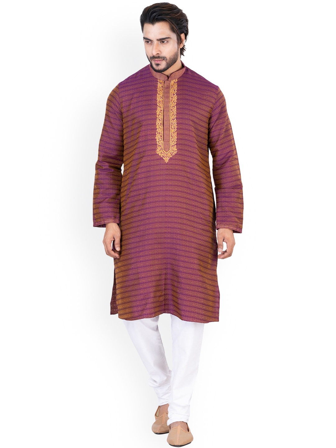 

HU - Handcrafted Uniquely Men Striped Thread Work Handloom Kurta, Burgundy