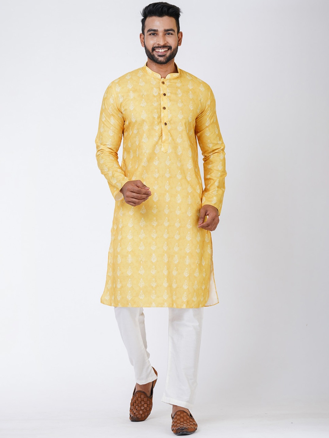 

HU - Handcrafted Uniquely Men Thread Work Handloom Kurta, Yellow