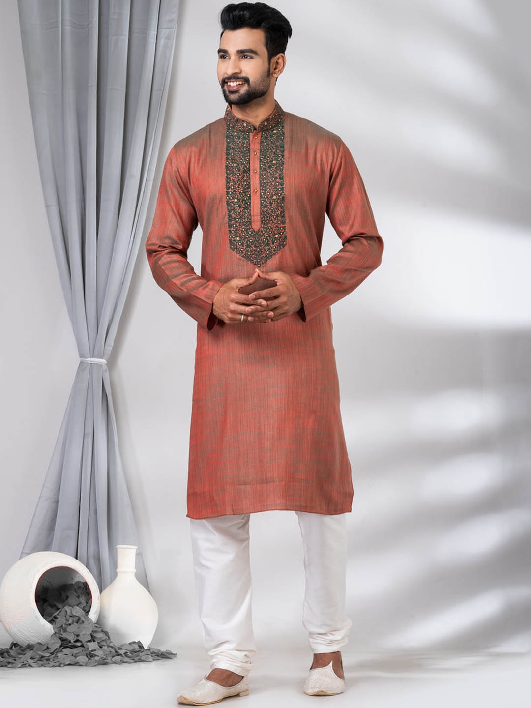 

HU - Handcrafted Uniquely Men Thread Work Handloom Anarkali Kurta, Maroon