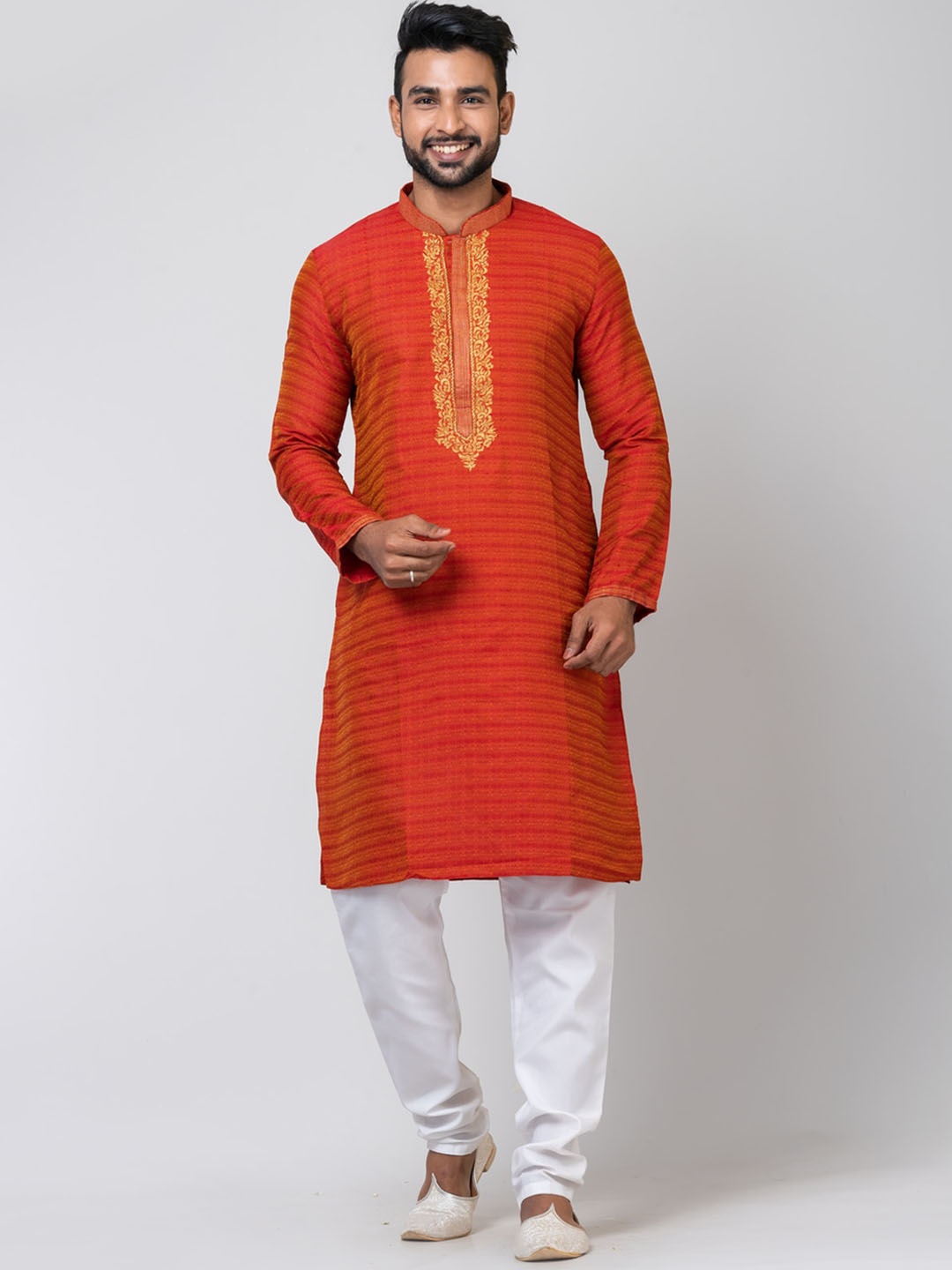 

HU - Handcrafted Uniquely Men Flared Sleeves Thread Work Handloom Kurta, Red