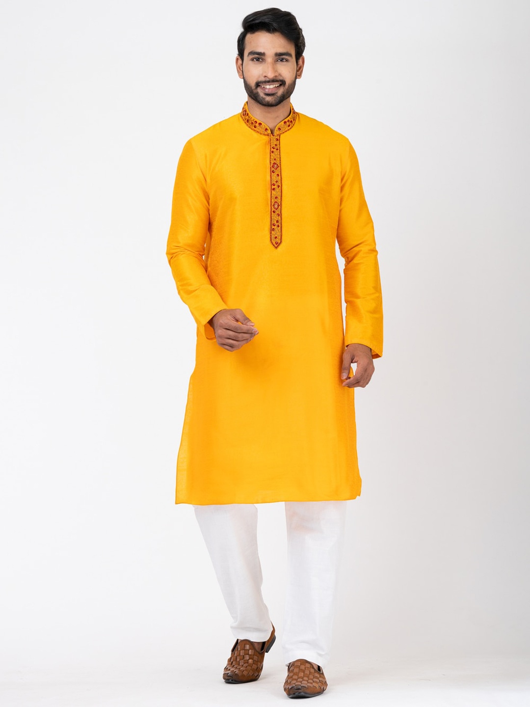 

HU - Handcrafted Uniquely Men Thread Work Kurta, Mustard