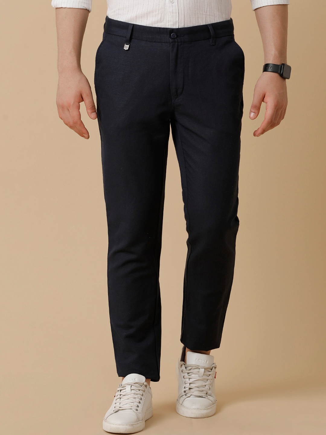 

Linen Club Men Mid-Rise Flat-Front Trousers, Navy blue