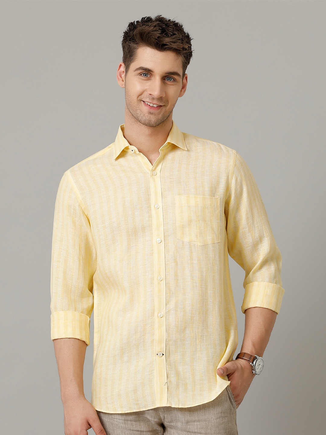 

Linen Club Men Contemporary Opaque Striped Casual Shirt, Yellow