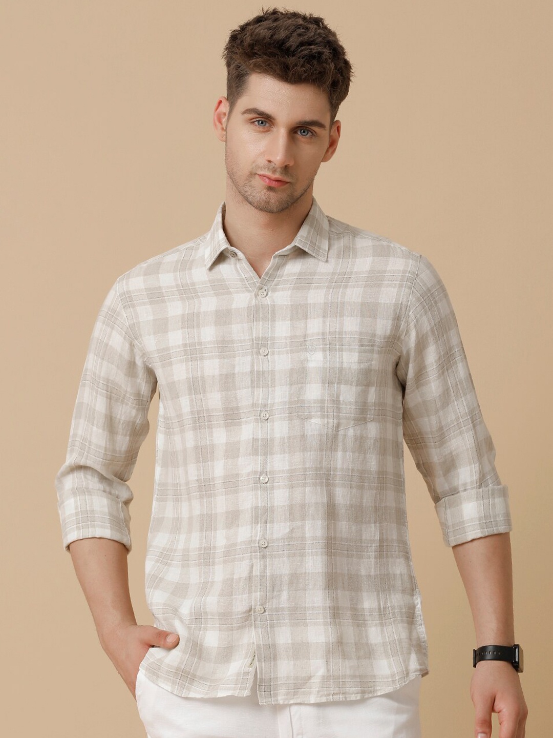 

Linen Club Men Contemporary Tartan Checks Opaque Checked Casual Shirt, Beige