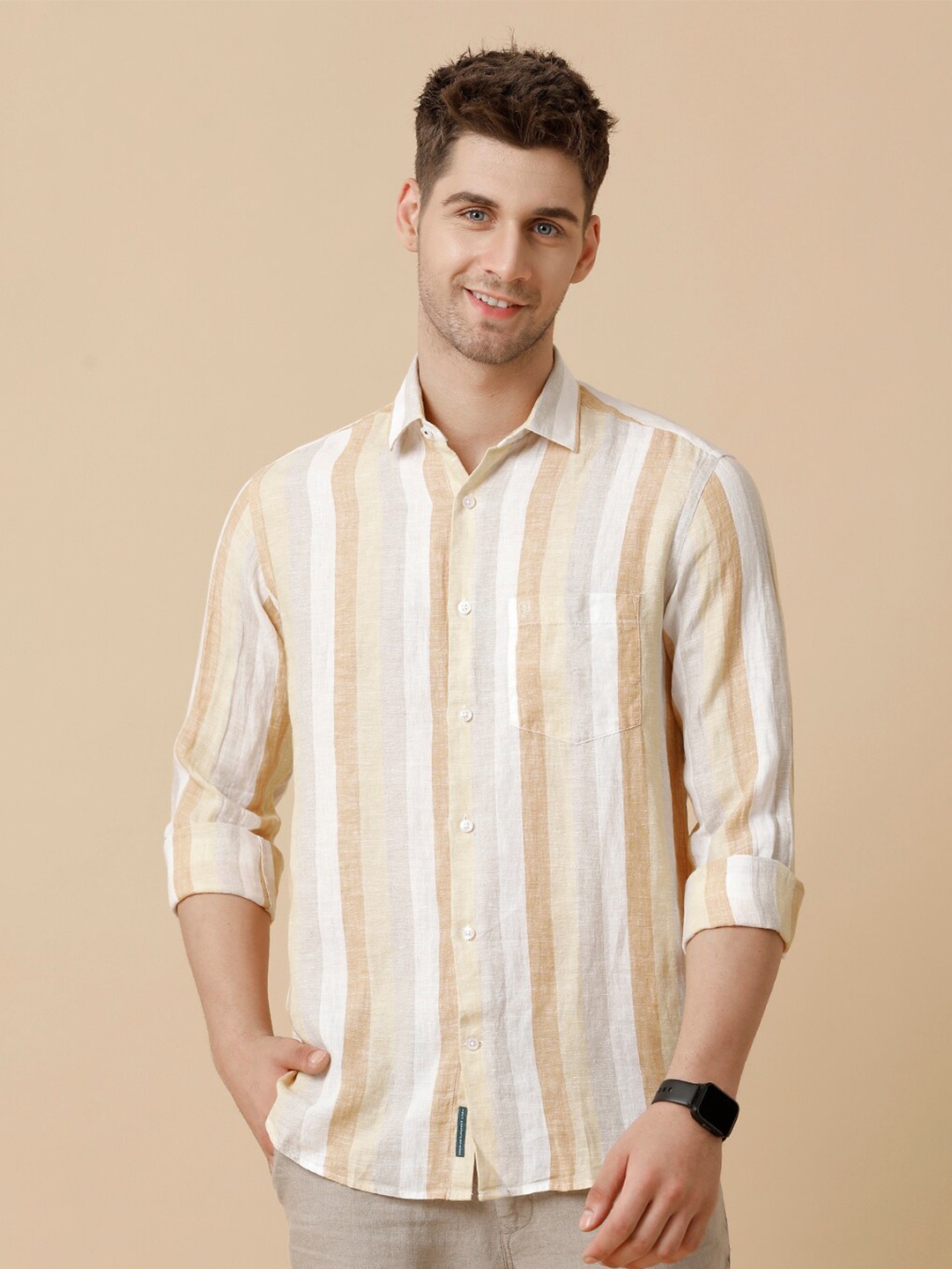 

Linen Club Men Contemporary Opaque Striped Casual Shirt, Brown