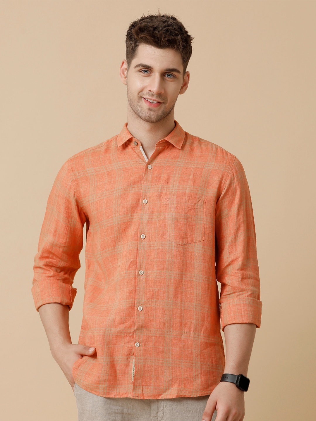 

Linen Club Men Contemporary Opaque Casual Shirt, Orange