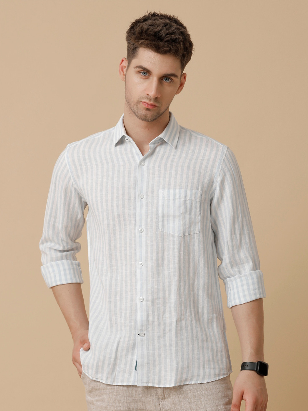 

Linen Club Men Contemporary Opaque Striped Casual Shirt, Blue