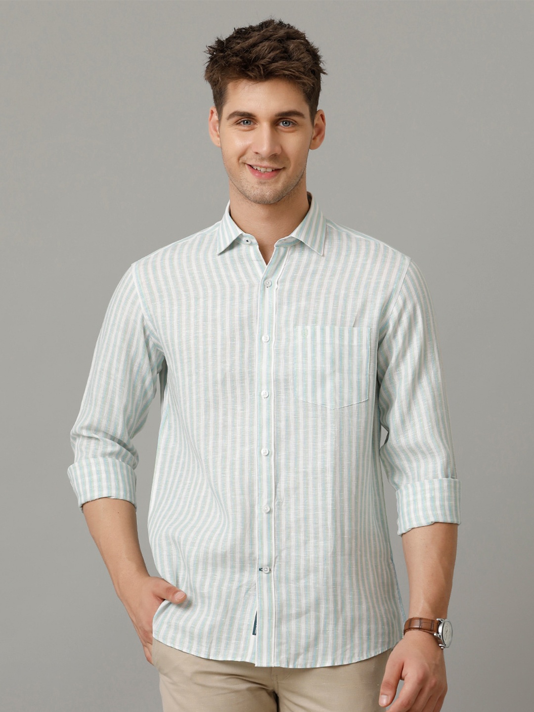 

Linen Club Men Contemporary Opaque Striped Casual Shirt, Blue