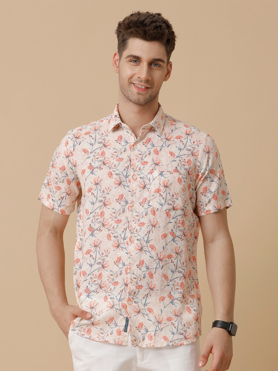

Linen Club Men Contemporary Floral Opaque Printed Casual Shirt, Orange