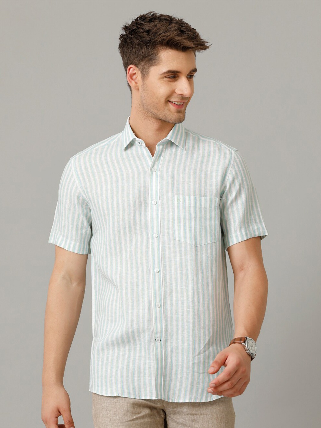 

Linen Club Men Contemporary Opaque Striped Casual Shirt, Blue