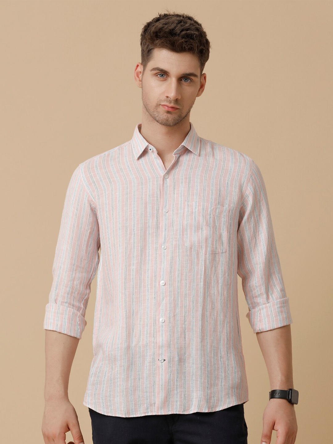 

Linen Club Men Contemporary Opaque Striped Casual Shirt, Pink