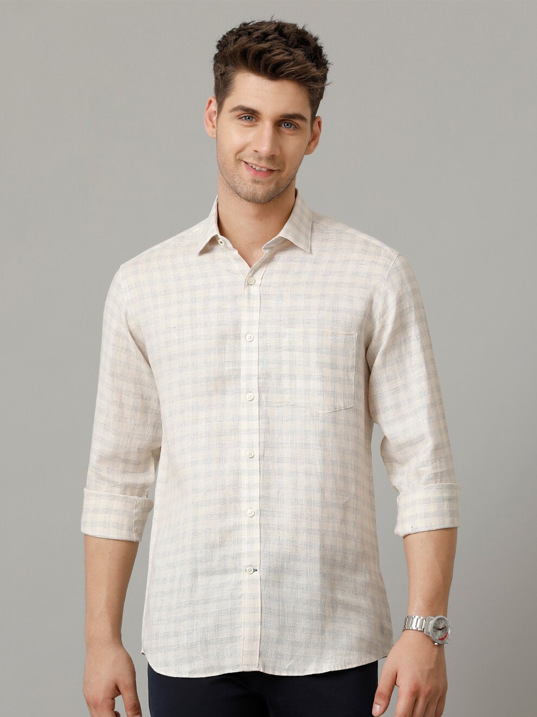 

Linen Club Men Contemporary Grid Tattersall Checks Opaque Checked Casual Shirt, Beige