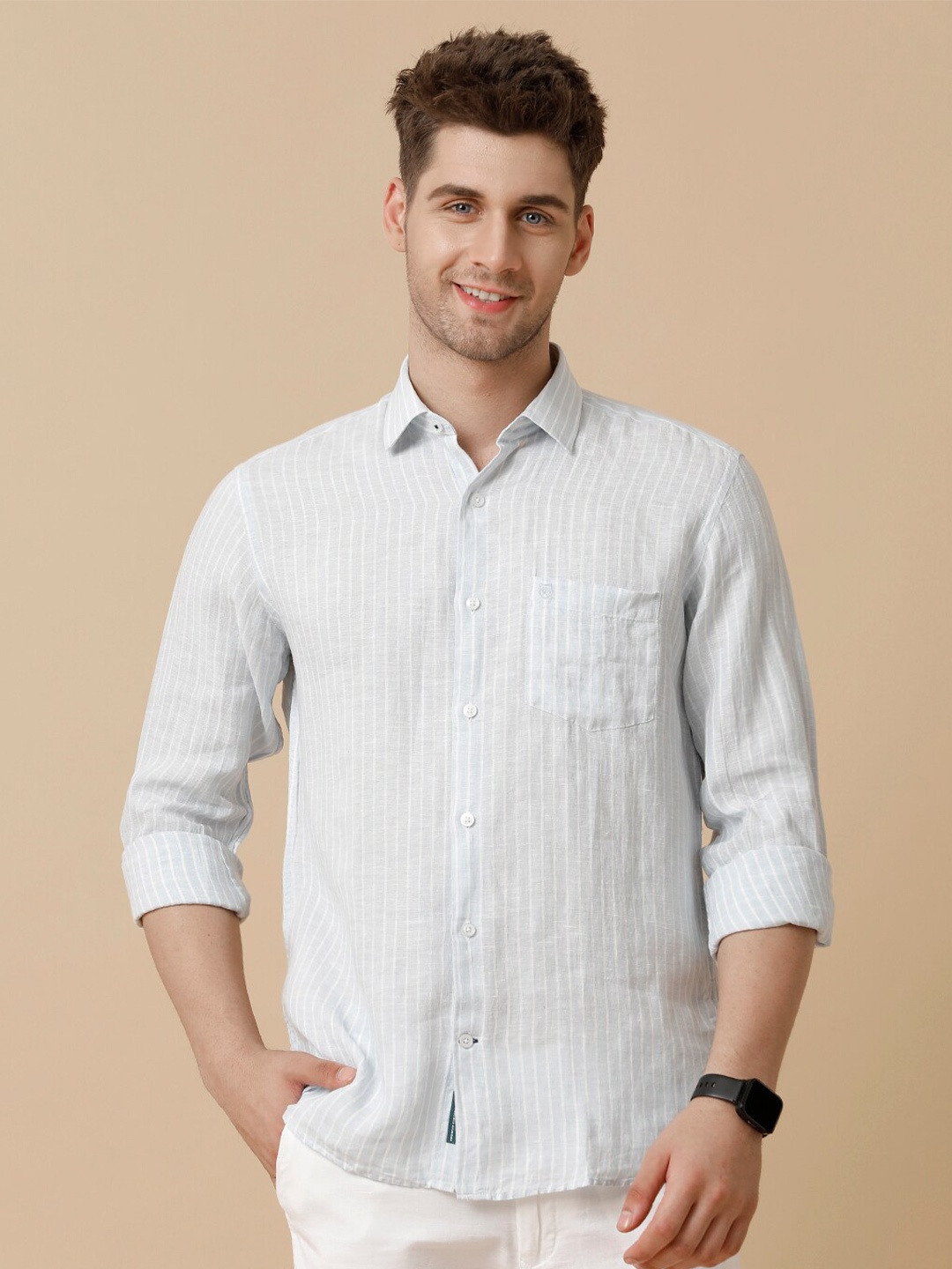 

Linen Club Men Contemporary Opaque Striped Casual Shirt, Blue