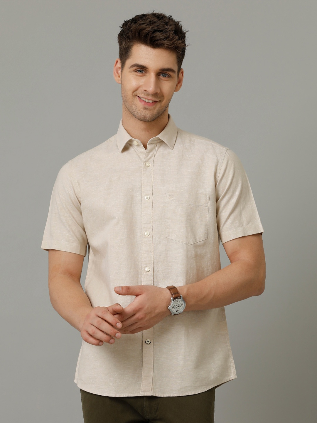 

Linen Club Men Contemporary Opaque Casual Shirt, Beige
