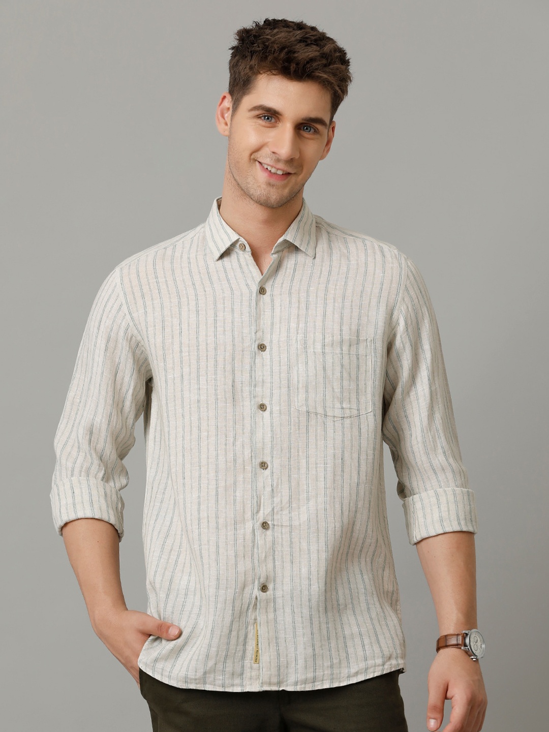 

Linen Club Men Contemporary Opaque Striped Casual Shirt, Beige