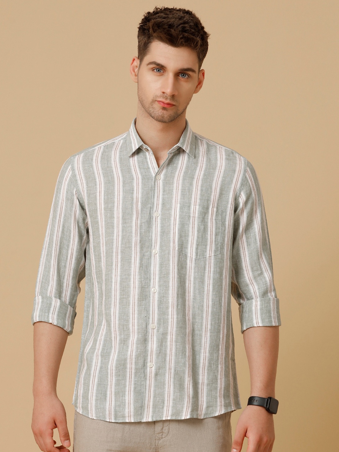 

Linen Club Men Contemporary Opaque Striped Casual Shirt, Green