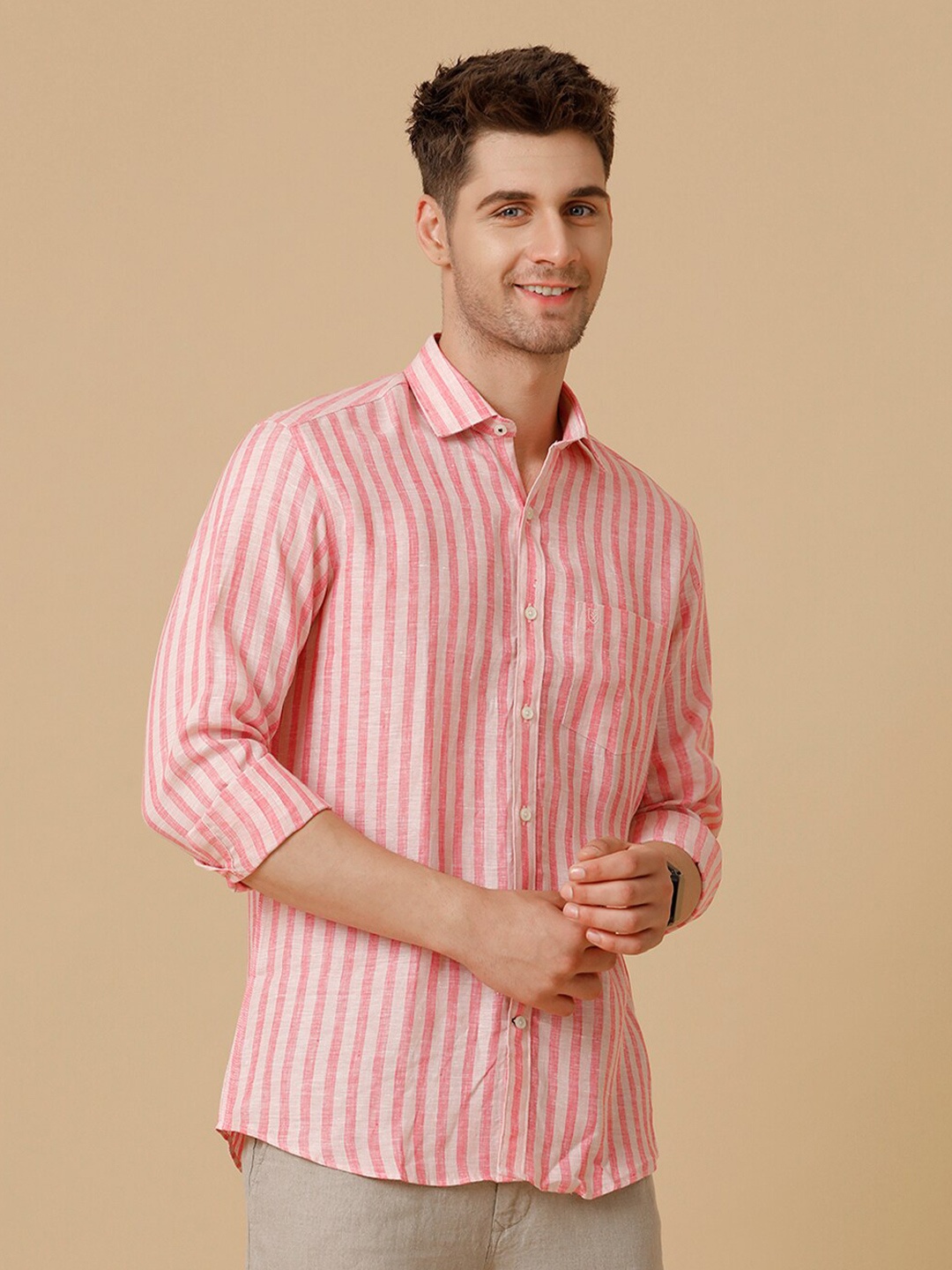 

Linen Club Men Contemporary Opaque Striped Casual Shirt, Pink