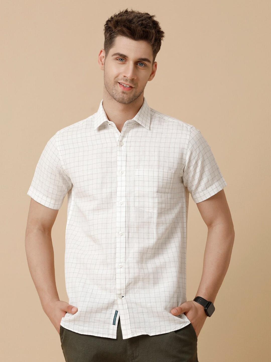 

Linen Club Men Contemporary Grid Tattersall Checks Opaque Checked Casual Shirt, Beige