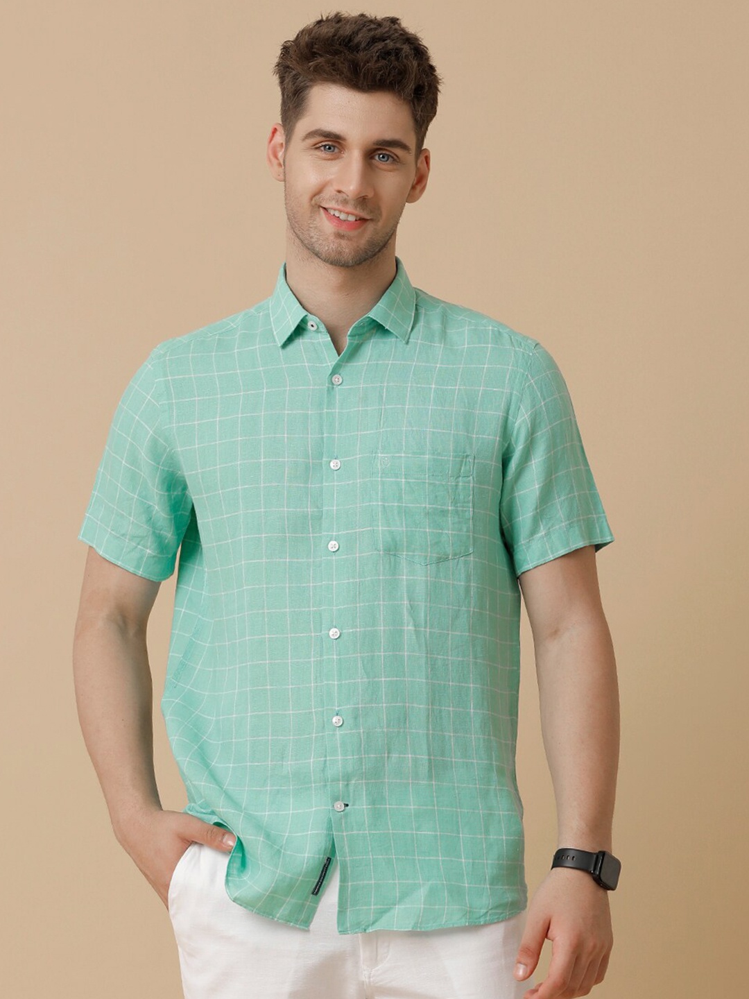 

Linen Club Men Contemporary Opaque Checked Casual Shirt, Green