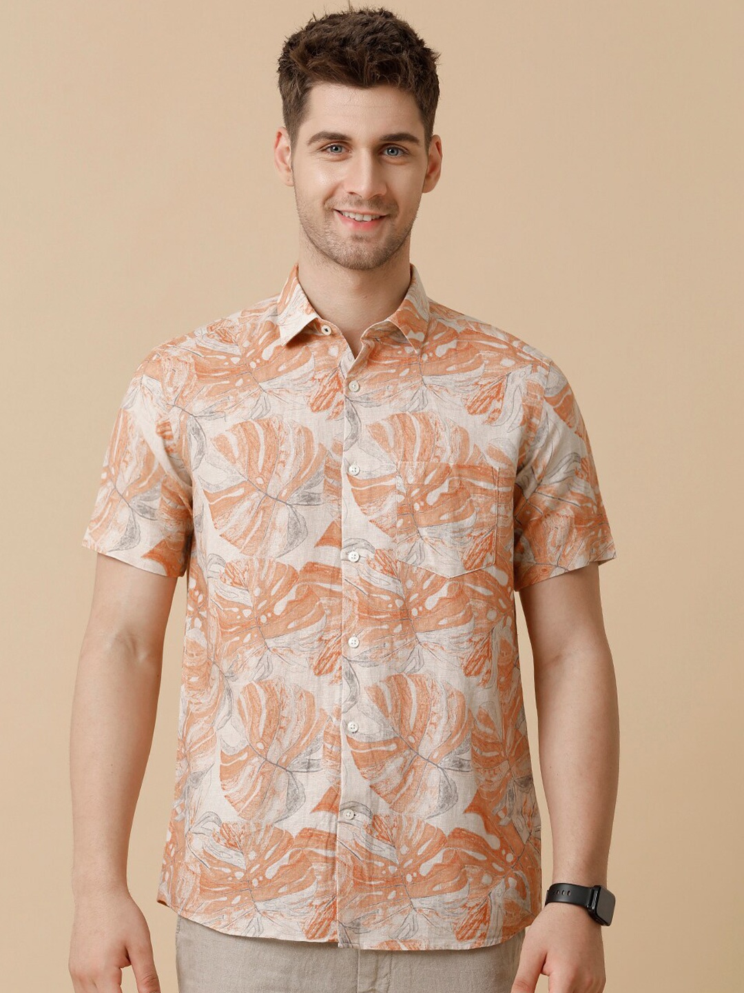 

Linen Club Men Contemporary Floral Opaque Printed Casual Shirt, Orange