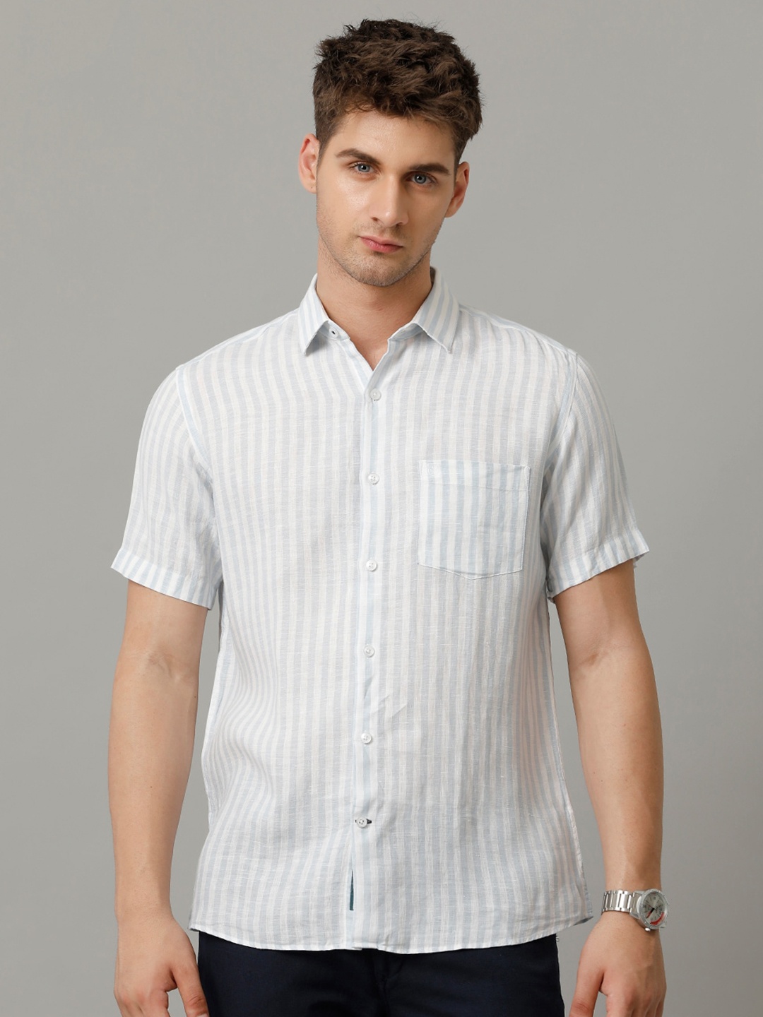 

Linen Club Men Contemporary Opaque Striped Casual Shirt, Blue