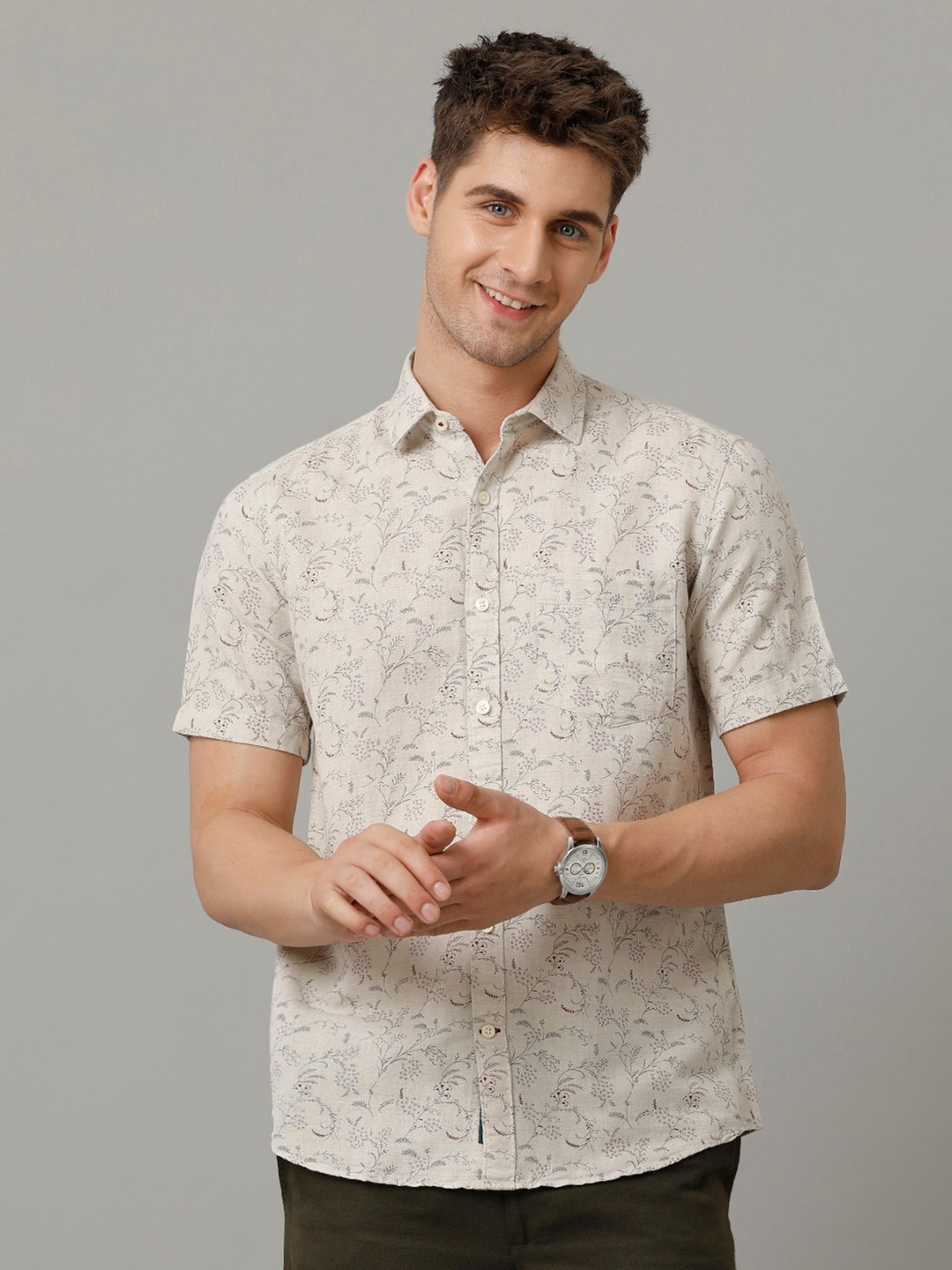 

Linen Club Men Contemporary Floral Opaque Printed Casual Shirt, Beige