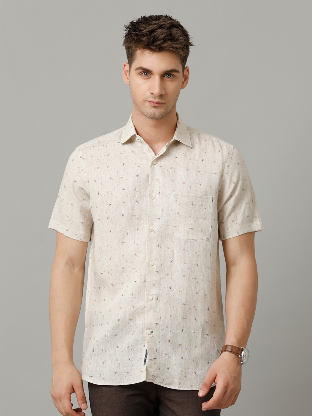 

Linen Club Men Contemporary Opaque Printed Casual Shirt, Beige